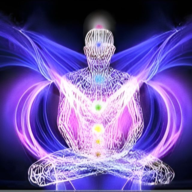 Meditating figure with chakra points and radiating light effects. Janet Farnsworth Full Body Energy Orgasm Retreat 