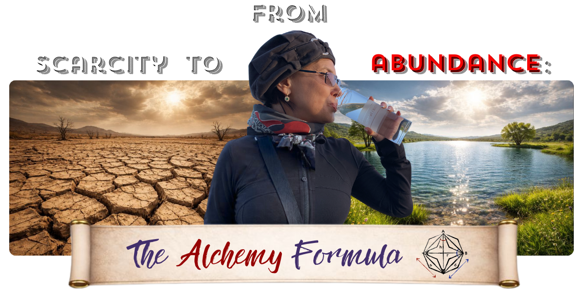 From Scarcity to Abundance: The Alchemy Formula - Woman drinking water with desert transforming to lake