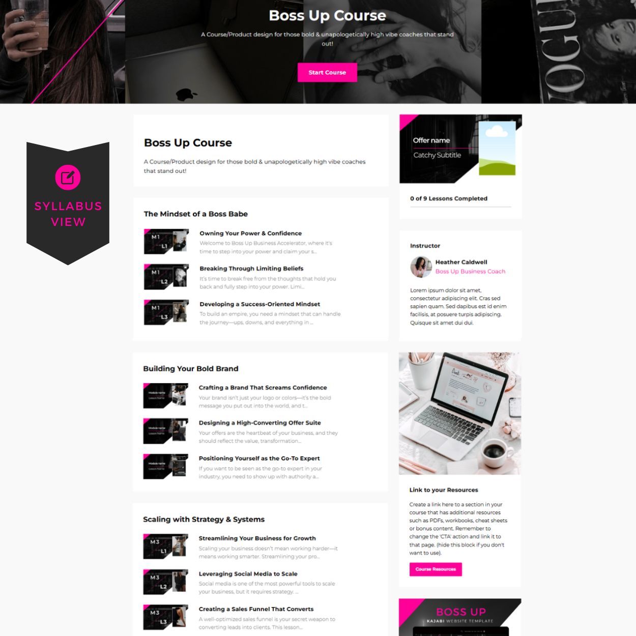 Boss Up Kajabi Course Template in syllabus view