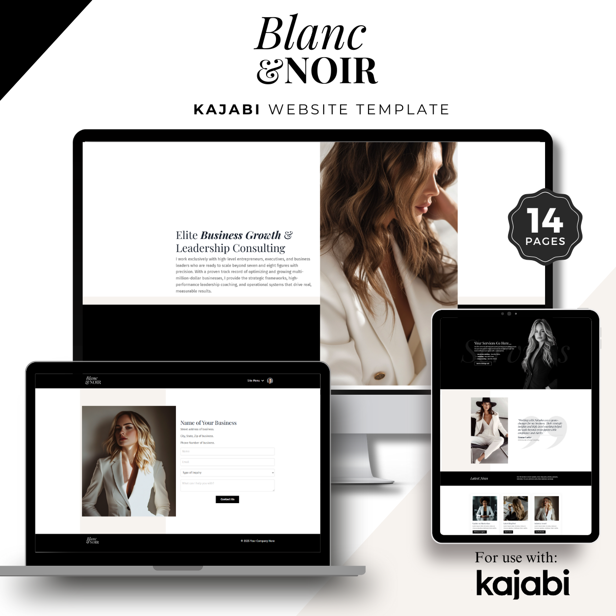 Blanc & Noir Kajabi Website Template shown on a laptop and desktop