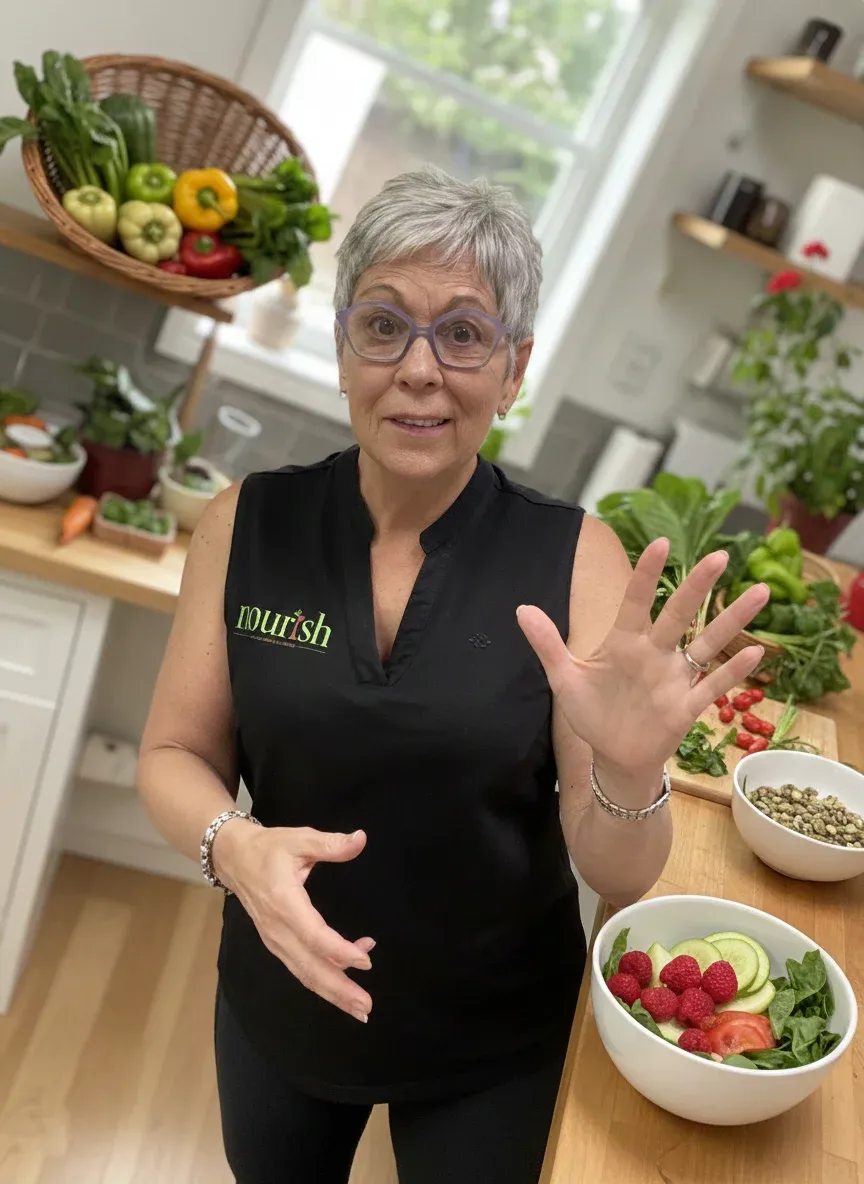 a woman with short grey hair and purple-rimmed glasses, inspired by the person in the reference photo. She is standing in a bright, modern kitchen, smiling warmly at the camera with an open, welcoming gesture. On the wooden countertop in front of her is a vibrant bowl of fresh salad featuring greens, cucumber, tomatoes, and raspberries. The scene is accented with the GRWL brand colors&mdash;various shades of green, earthy tones, and soft neutrals. In the background, a woven basket overflows with fresh bell peppers and leafy greens, symbolizing a peaceful and abundant relationship with food.