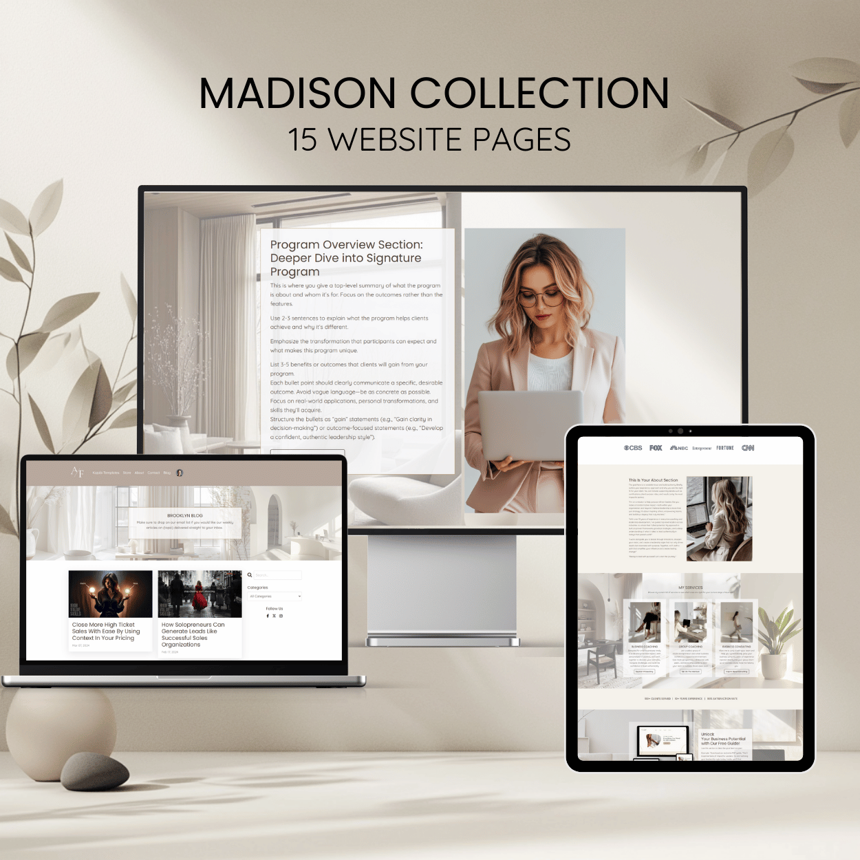Madison 14 page Kajabi website template shown on a laptop and desktop