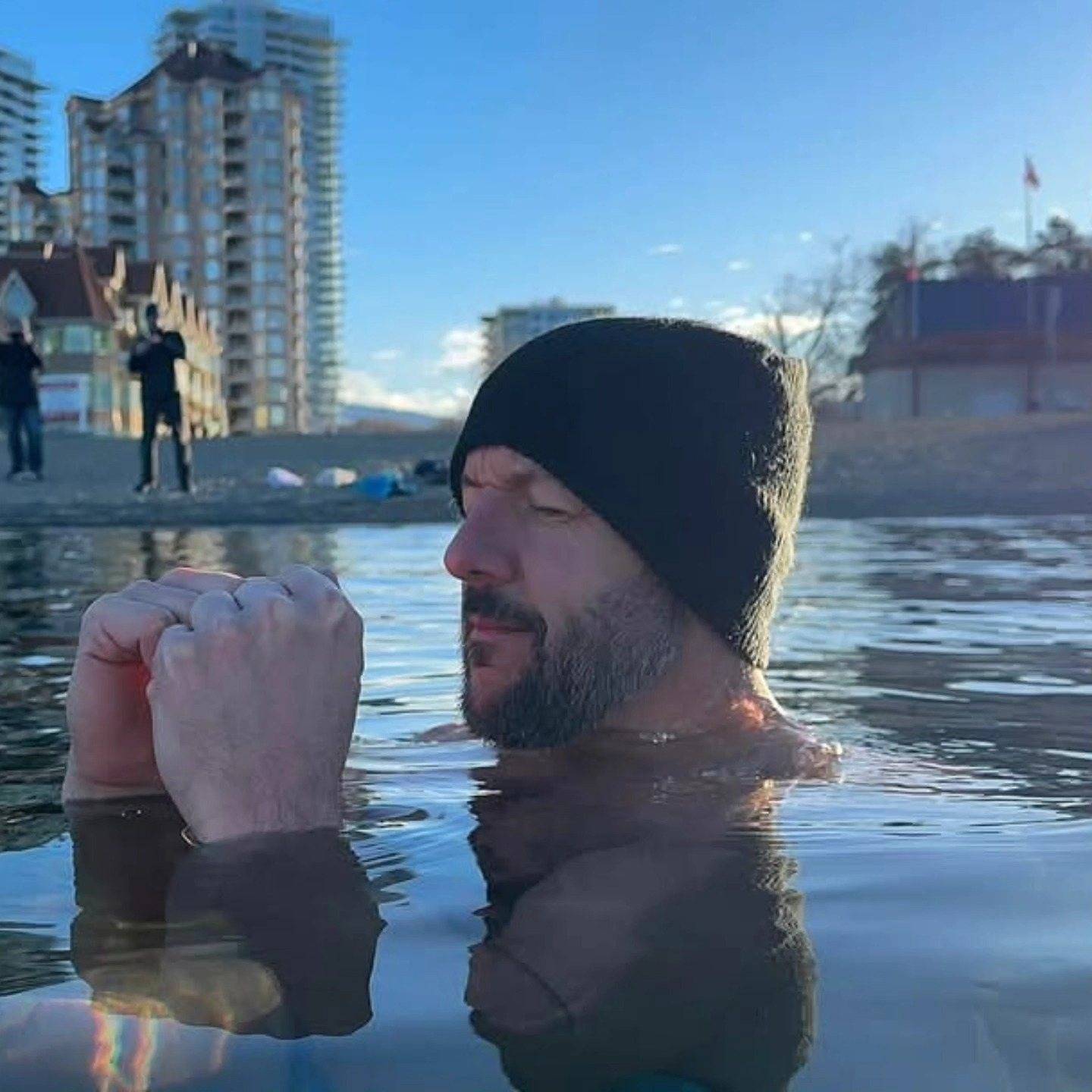 Kevin McNee in a cold plunge in a lake