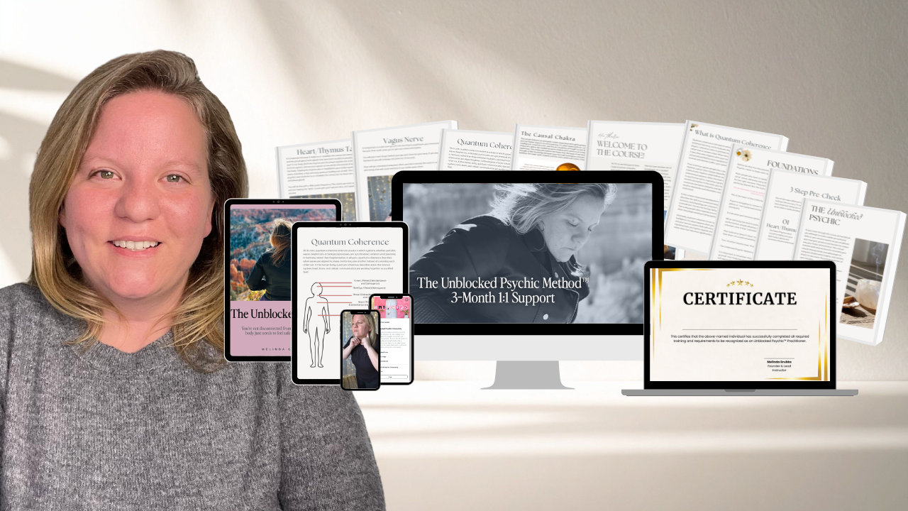 Picture of Melinda in gray sweater. 10 handouts pamphlets, a computer with a certificate on it, a computer with the words The Unblocked Psychic Method 3 Month 1 to 1 and Melinda in a black leather jacket. Two ipads with handouts. 