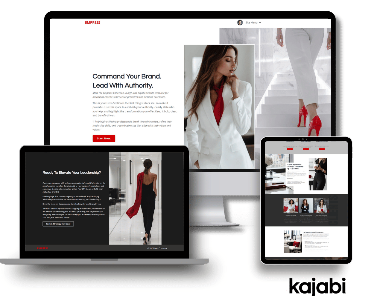 Empress Kajabi Website Template shown on a laptop, desktop and tablet.