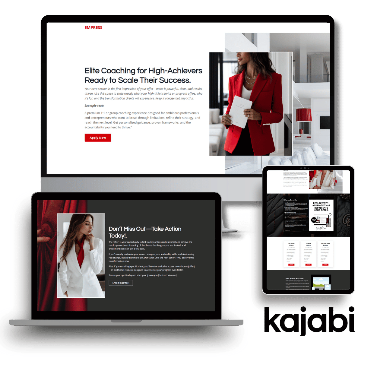 Empress Kajabi Sales Page Template shown on a laptop, desktop and tablet.