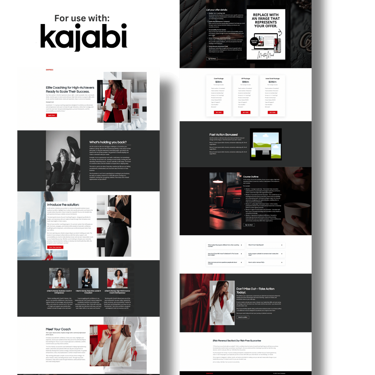 Graphic showing the Empress Kajabi website template on a tablet with individual pages listed out