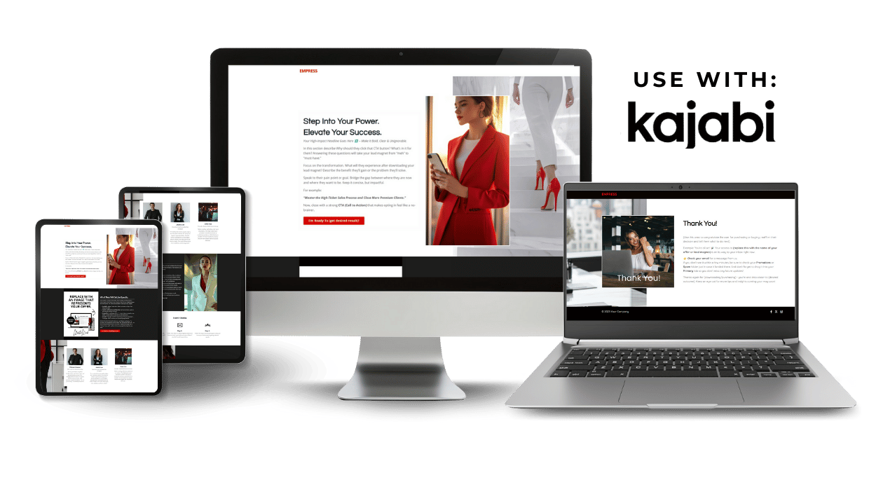 Empress Kajabi Sales Page Template shown on a laptop, desktop and tablet.