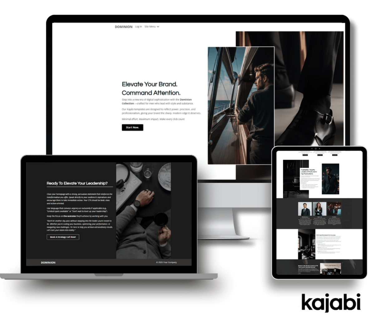 Dominion Kajabi Website Template shown on a laptop, desktop and tablet.