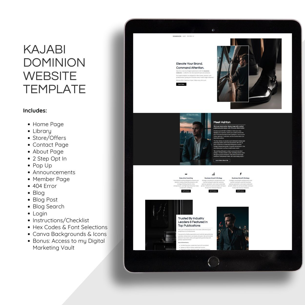 Graphic showing the Dominion Kajabi Website template with individual pages
