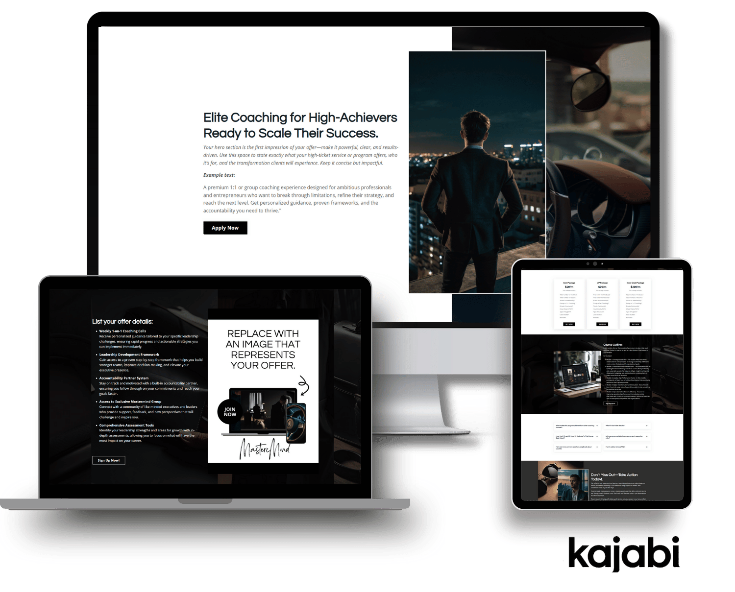 Dominion Kajabi Website Template shown on a laptop, desktop and tablet.