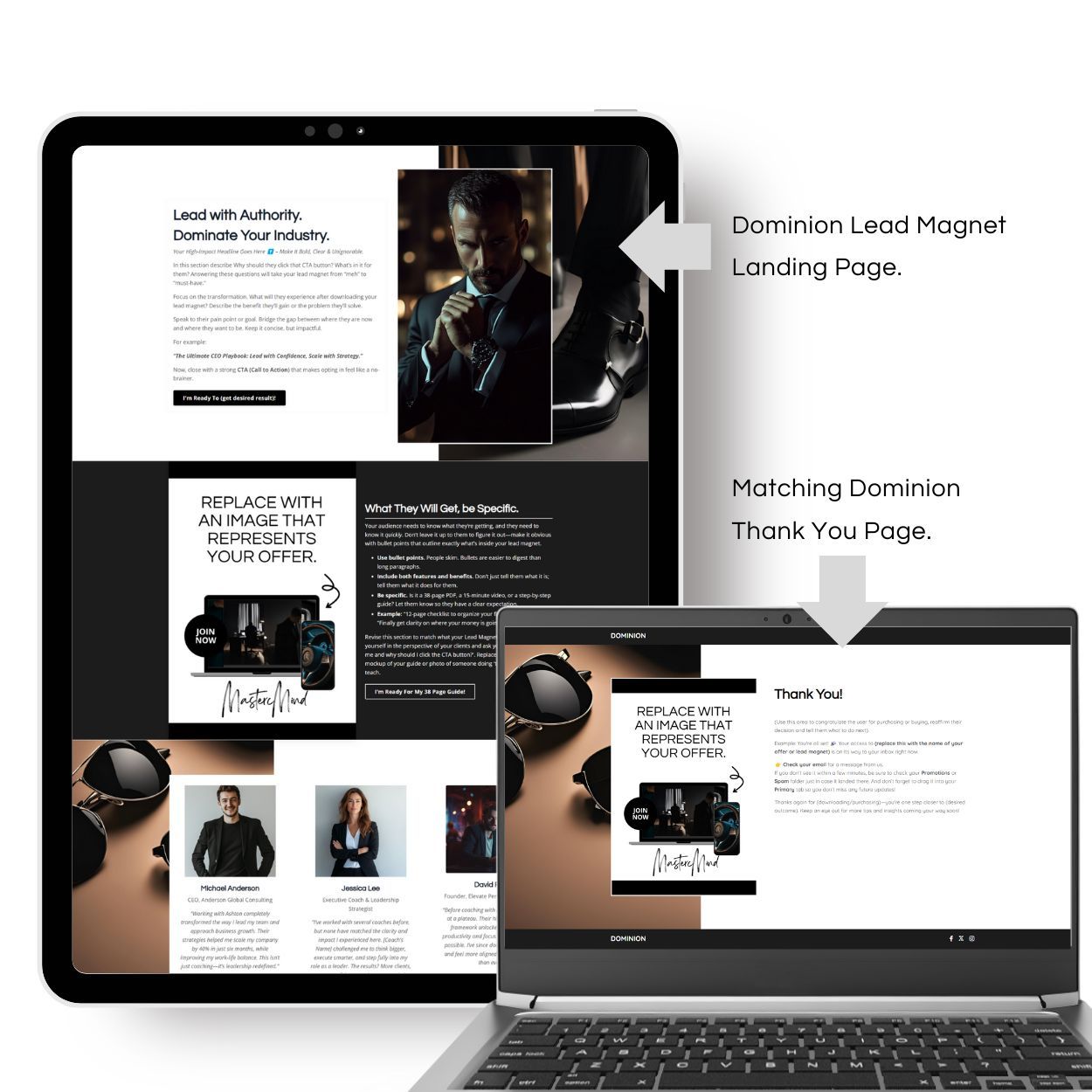 Image of the Dominion Lead Magnet Landing Page and Thank You Page templates on a laptop computer