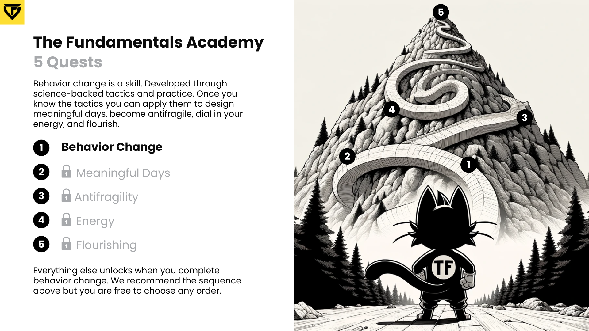 Five Quest - Cat Gazing At Mountain With Quests Highlighted On Winding Path