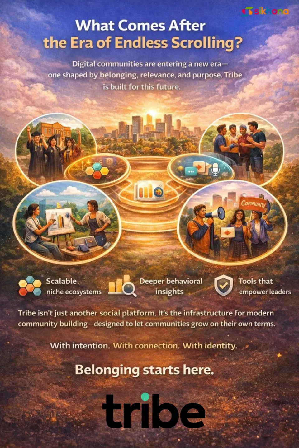 Promotional graphic for the Tribe app highlighting the shift from endless scrolling to meaningful digital communities centered on belonging, relevance, and purpose.