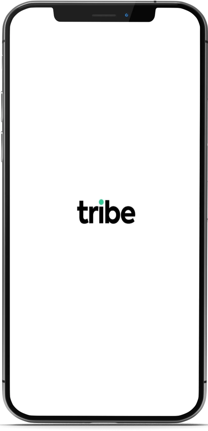 Cellphone mockup displaying the Tribe app interface on screen.