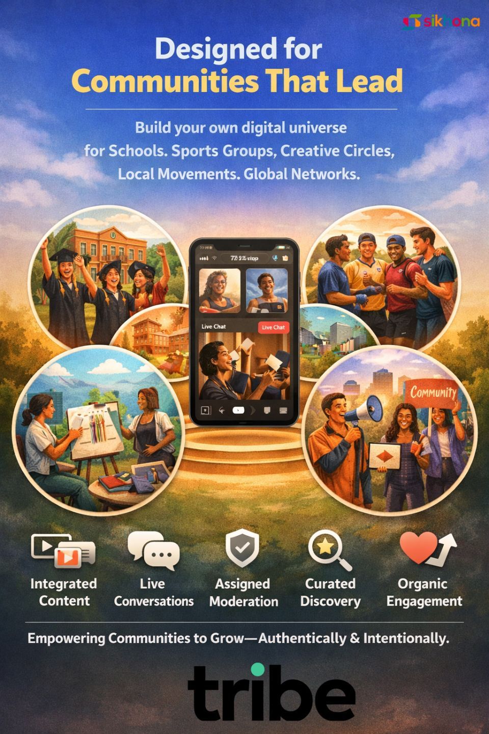 Tribe app mockup showing sub-images of people from various communities — schools, sports groups, creative circles, local movements, and global networks — highlighting how each group can connect and build their digital space.