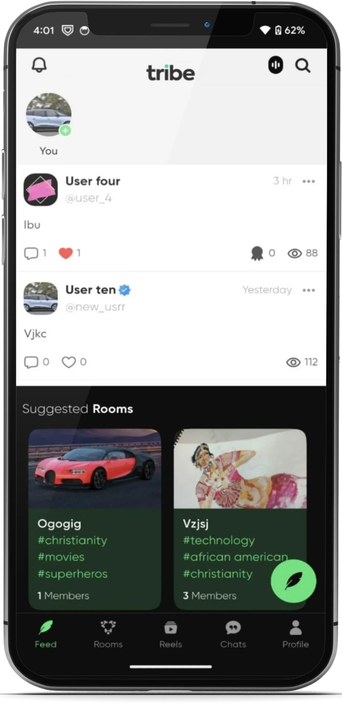 Cellphone mockup displaying the Tribe app interface on screen.