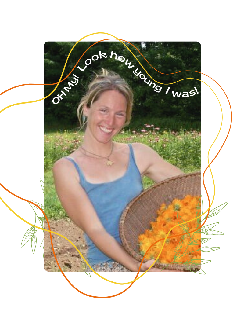 A smiling Kathleen with long gray hair, wearing a yellow sweater and a necklace, stands before a graphic background featuring leaves and abstract lines, embodying the essence of nature connection.