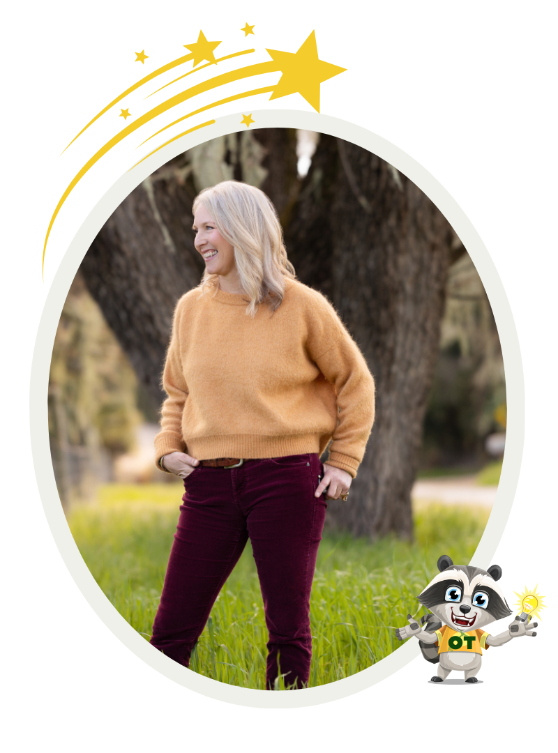 A smiling Kathleen with long gray hair, wearing a yellow sweater and a necklace, stands before a graphic background featuring leaves and abstract lines, embodying the essence of nature connection.