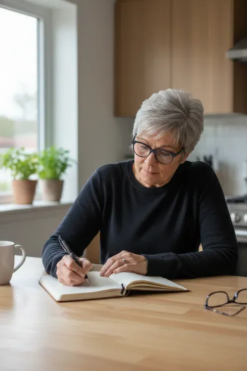 A woman over 60 sits at a kitchen table near a window, writing thoughtfully in a notebook. The quiet moment reflects a kinder New Year, focused on reflection, intention, and compassionate weight loss rather than pressure or perfection.