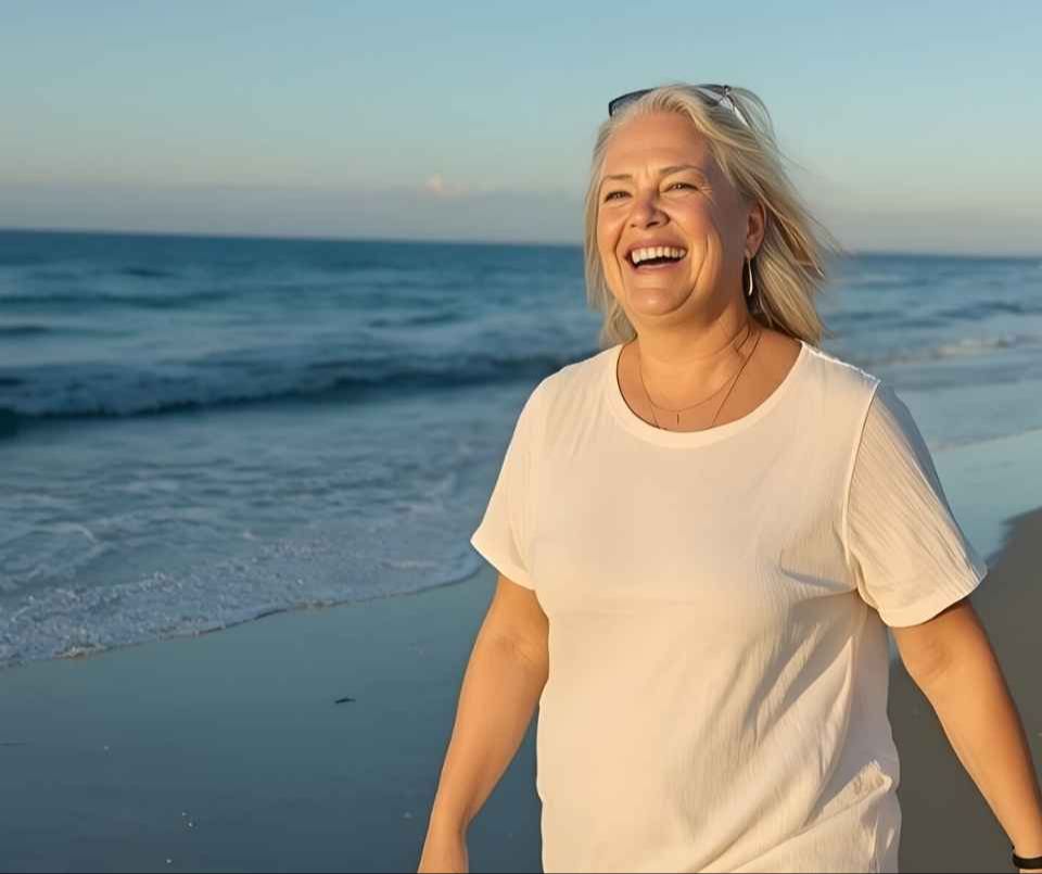 Woman on a walk at the beach smiling.