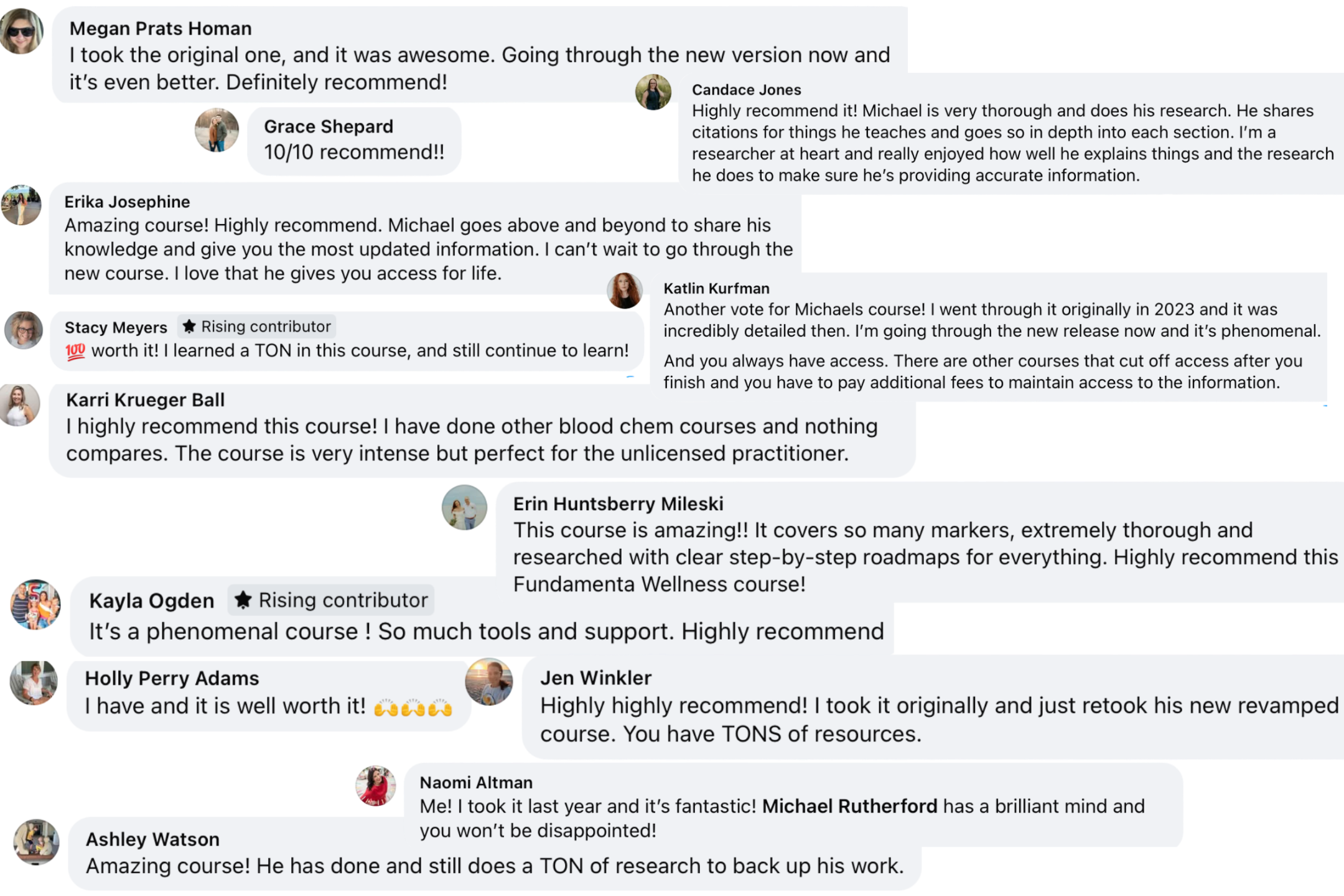 Testimonials from practitioners praising the Functional Blood Chemistry course