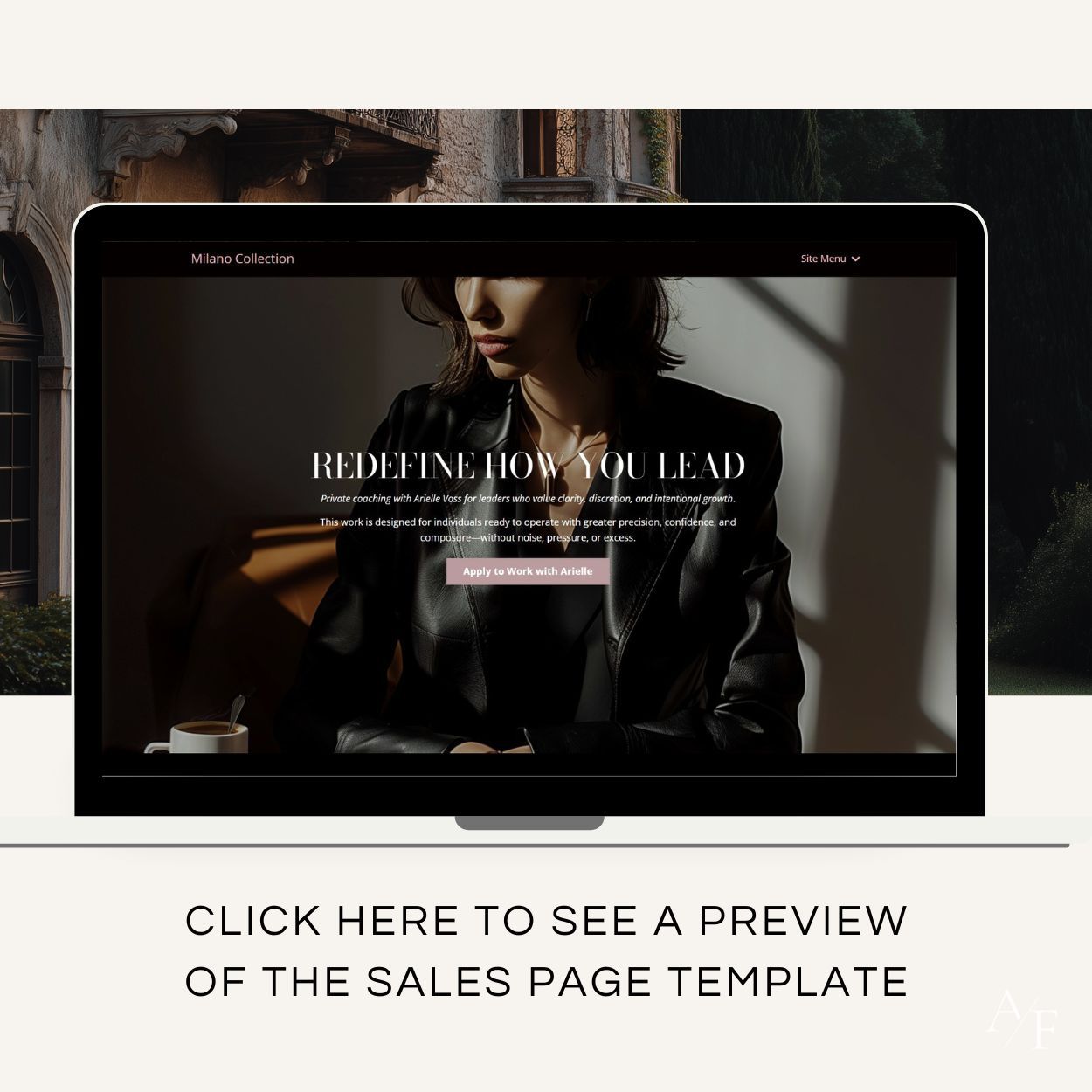 Milano Kajabi sales page template live preview showing high-end coaching website design