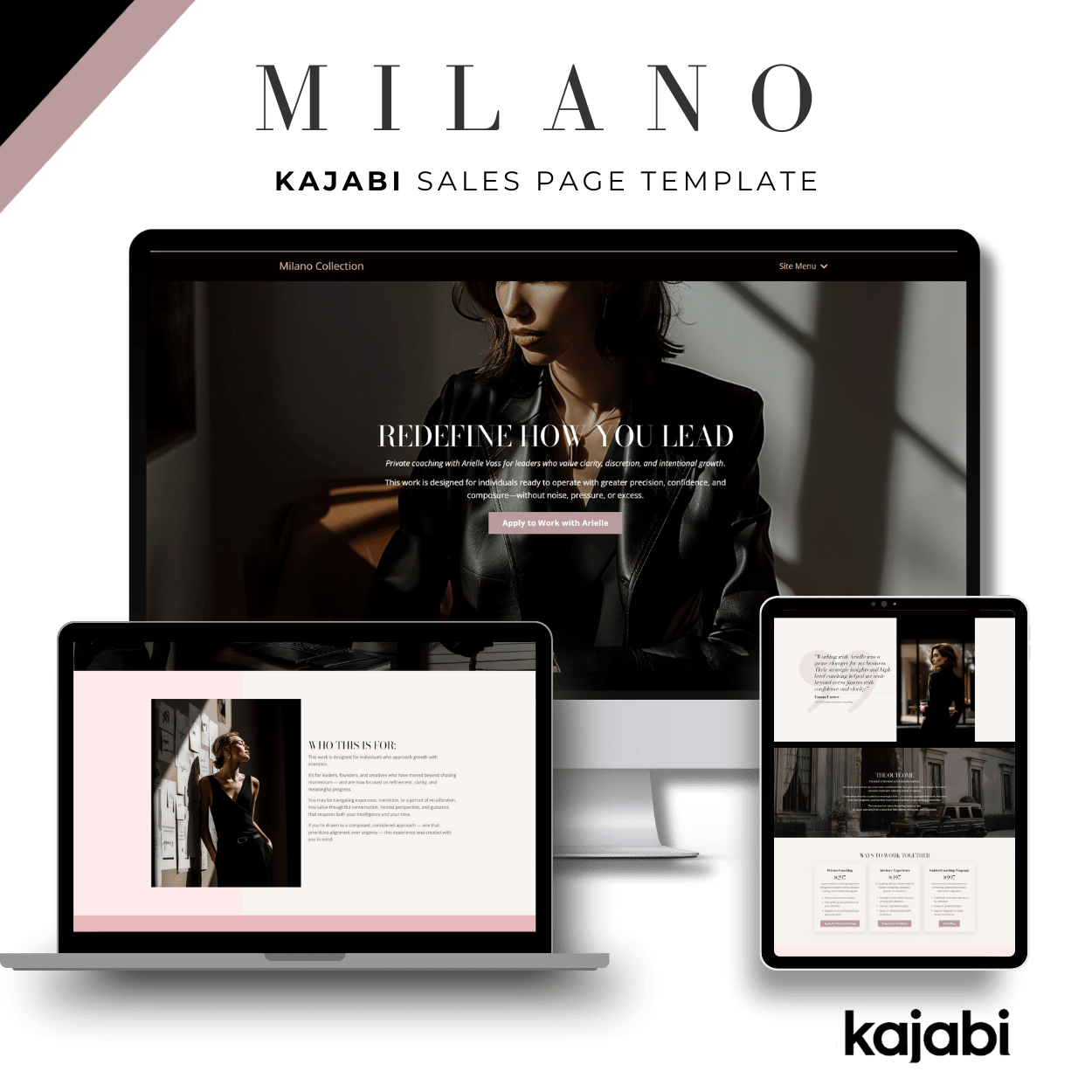 Milano Kajabi sales page template shown on desktop, tablet, and mobile devices for coaching and consulting offers