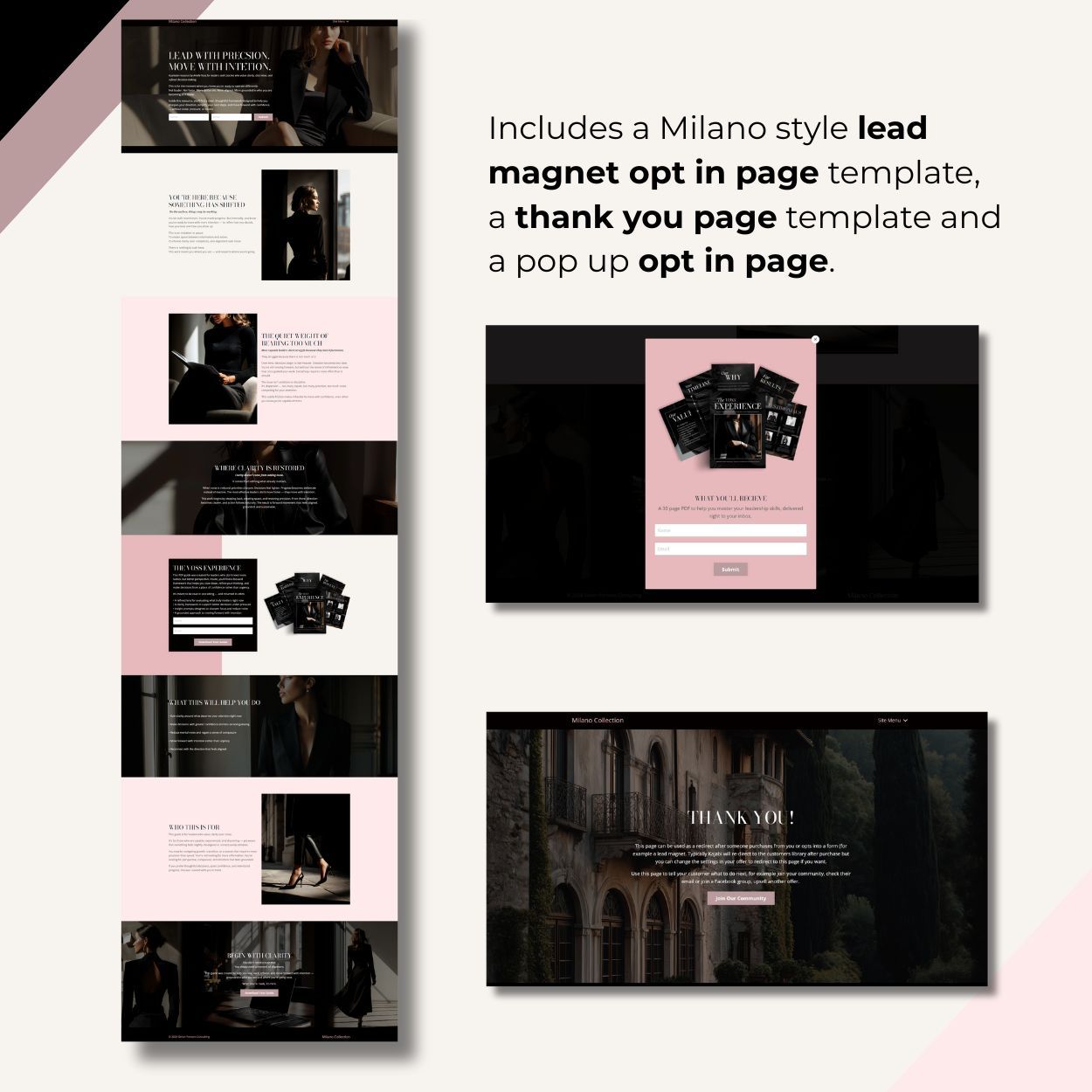 Milano Kajabi lead magnet template including opt in page, thank you page, and pop up opt in design
