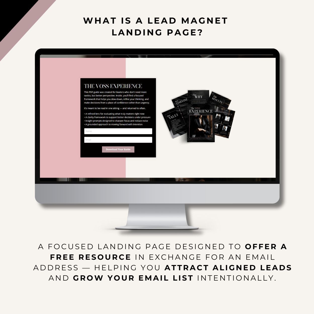 Explanation of what a lead magnet landing page is and how it helps grow an email list using Kajabi