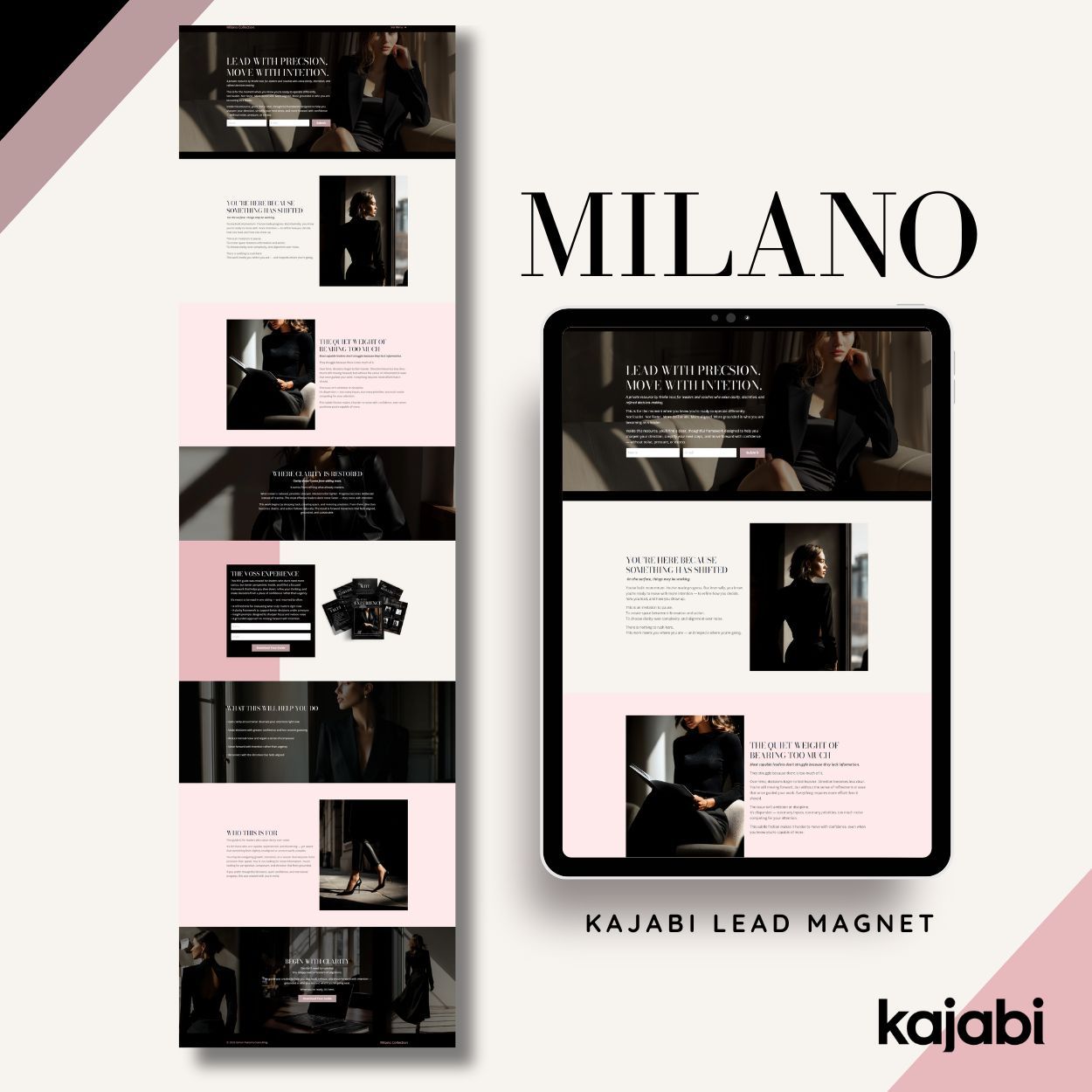 Luxury Kajabi homepage design for coaches using Milano website template on desktop and mobile