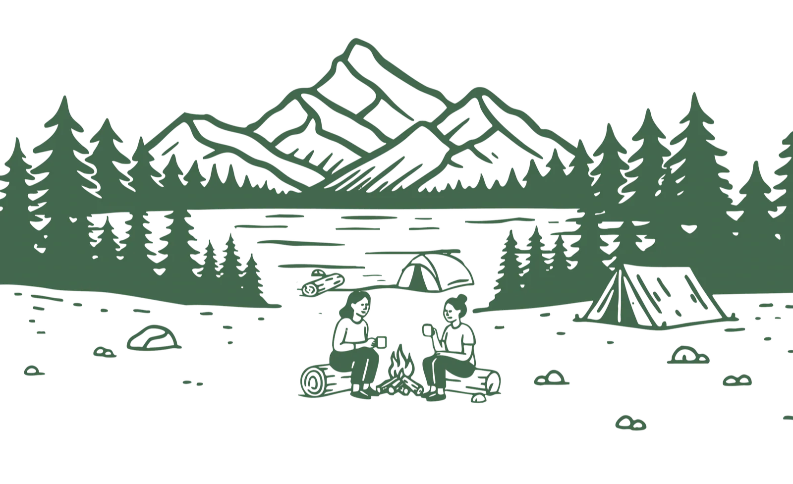 Camp Snooze campfire scene with mountains, lake, and campers
