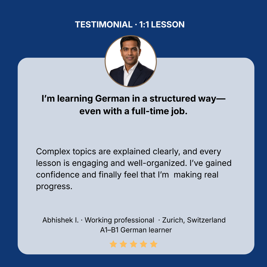Working professional learning German with confidence despite a busy schedule.