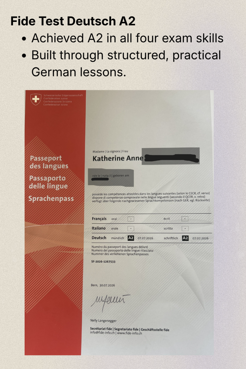 Fide Test A2 certificate showing an expat learner in Winterthur, Switzerland achieving A2 with in Reading and Writing and A2 in Speaking and Understanding after structured German preparation.