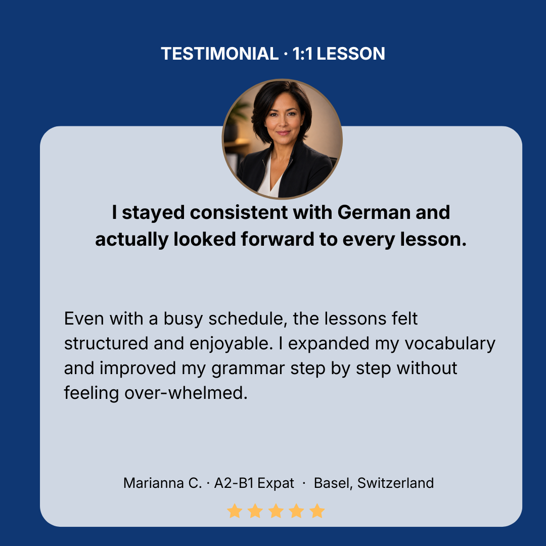 Busy expat in Switzerland improving German step by step through structured lessons