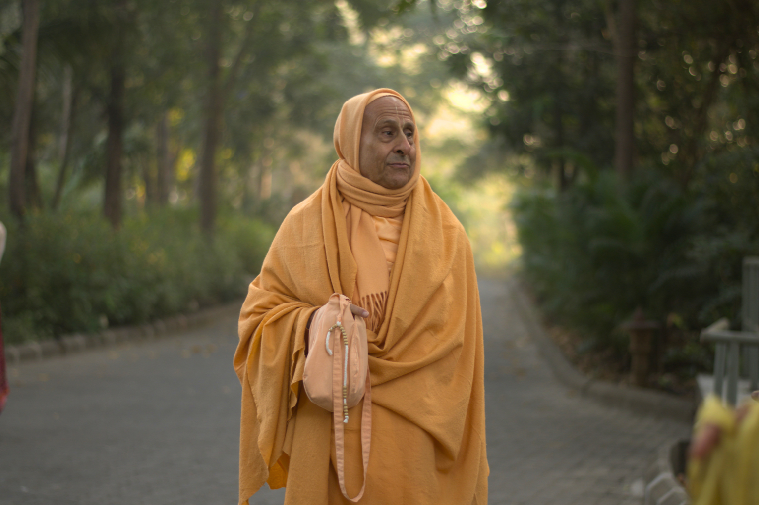 Radhanath Swami in traditional Vaishnava robes walking outdoors on a quiet path surrounded by greenery in India.