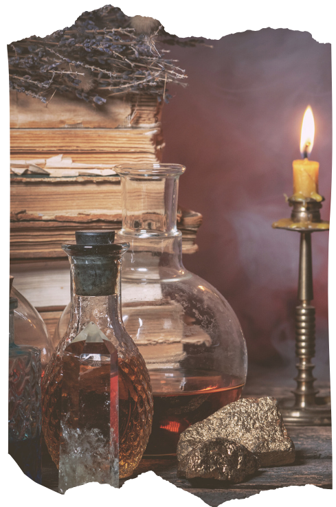 Alchemical study scene with glass bottles, candlelight, and books representing transformation as a living process
