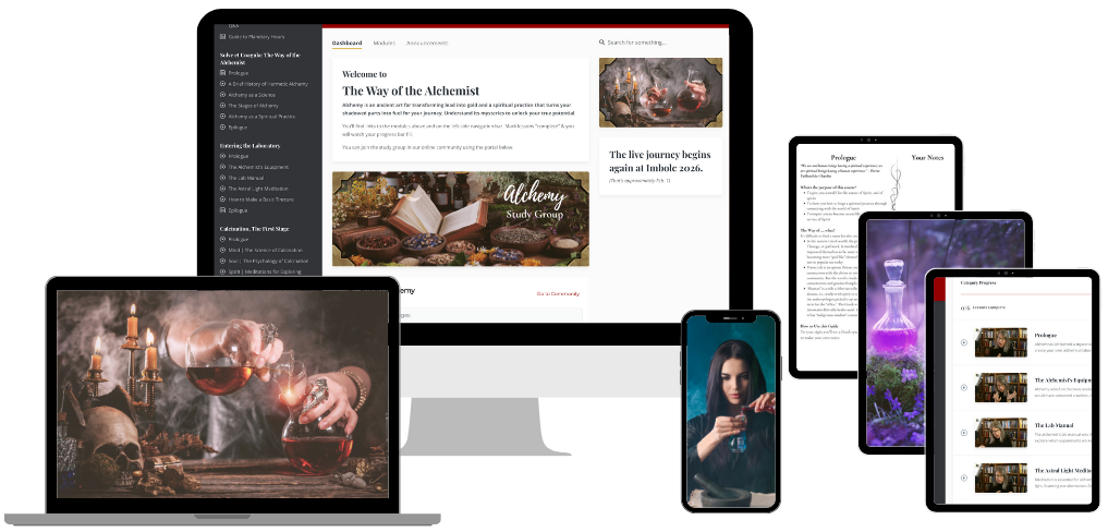 Digitao mockup of the Way of the Alchemist online course displayed across desktop, laptop, tablet, and mobile devices, showing video lessons, study guides, and alchemical imagery