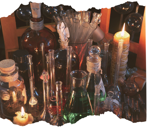 Collection of alchemical bottles and candles representing bonus practices and resources