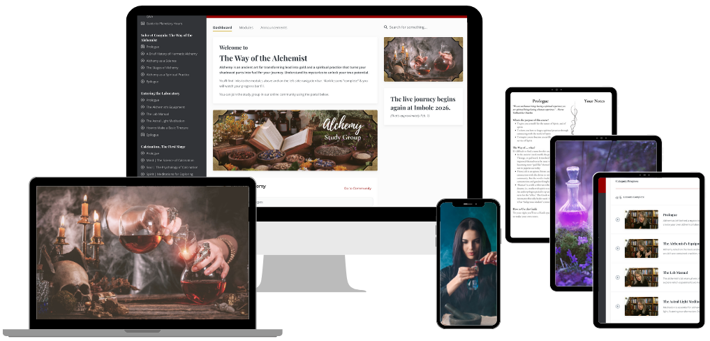 Digital mockup of the Way of the Alchemist online course displayed across desktop, laptop, tablet, and mobile devices, showing video lessons, study guides, and alchemical imagery