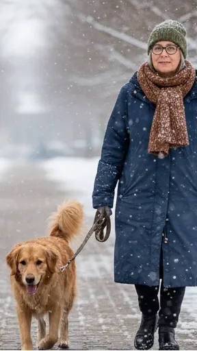 woman in a green hat, long blue coat, and scarf walks her golden retriever on a snowy street