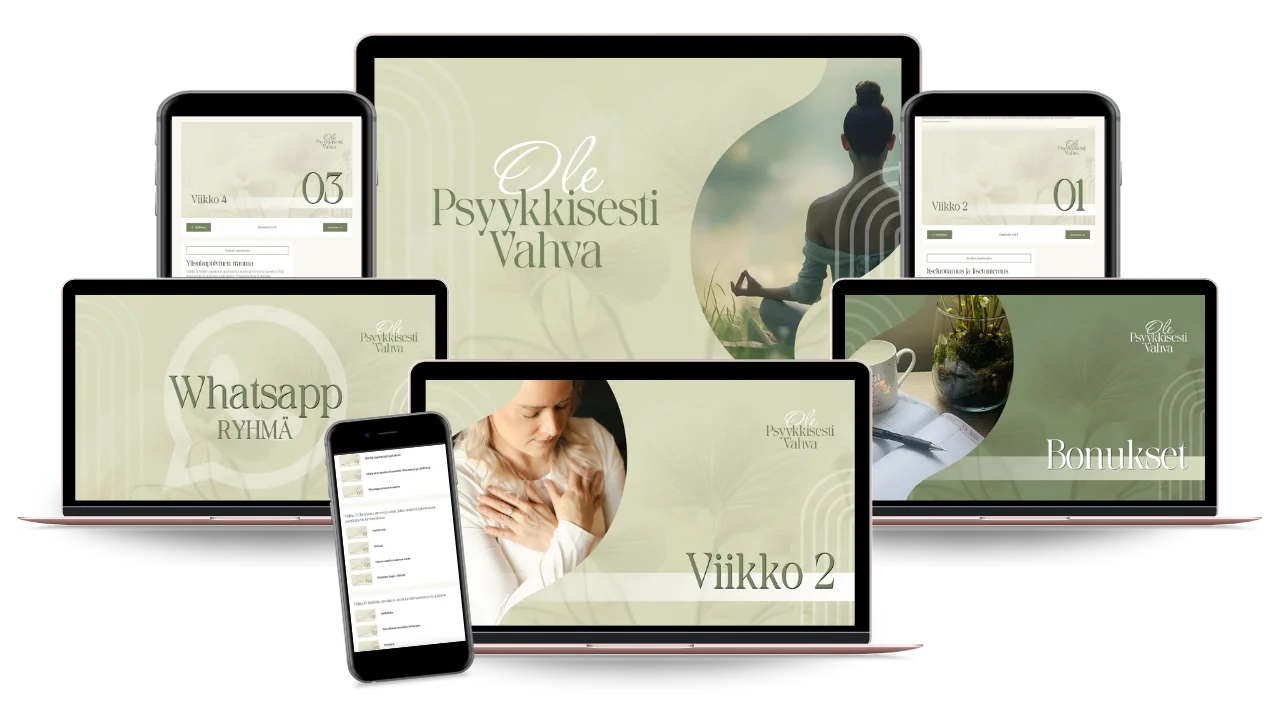 Ole psyykkisesti vahva verkkokurssivalmennuksen sisältöä tietokoneruuduilla 