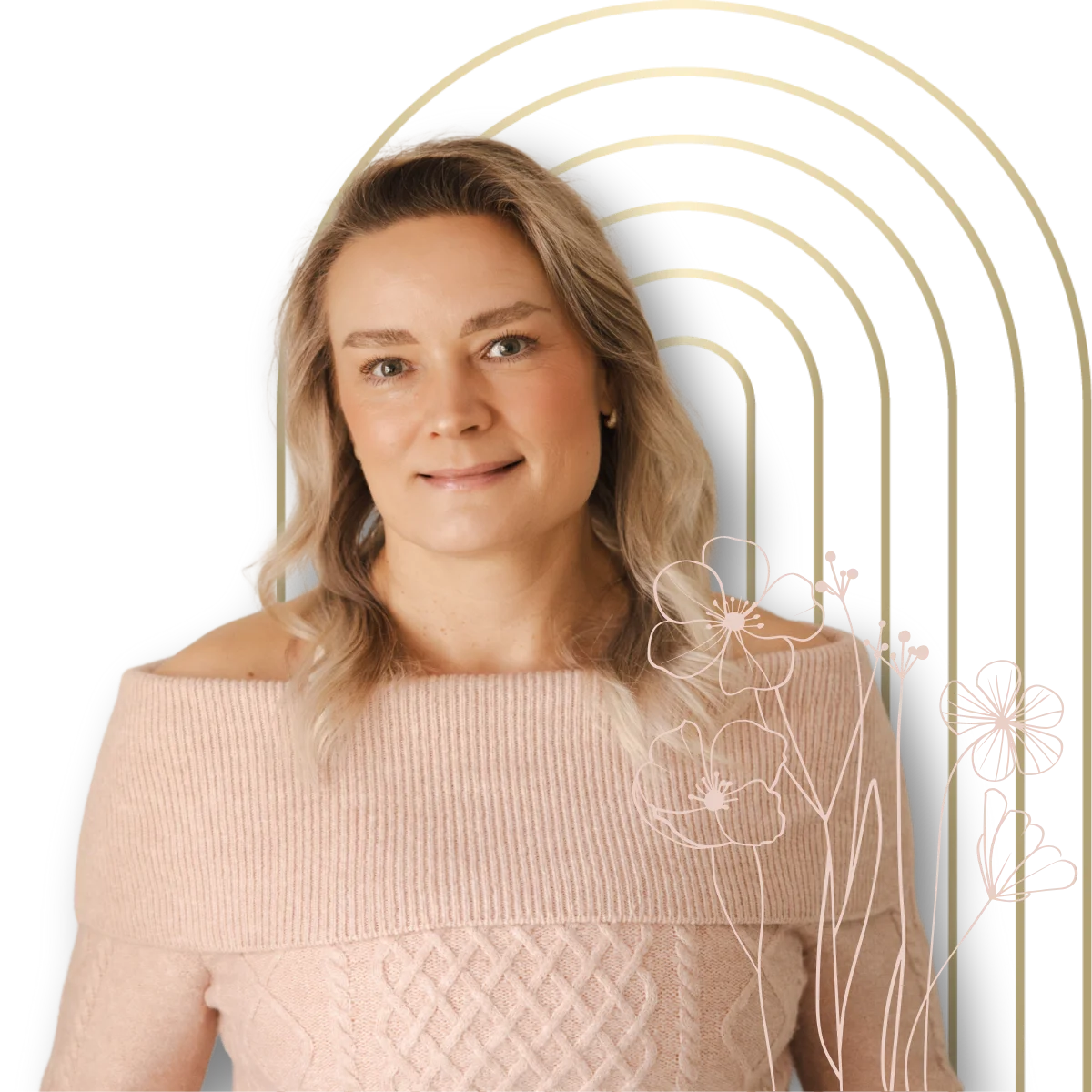 naisten hyvinvointivalmentaja hymyilee vaaleanpunaisessa paidassa