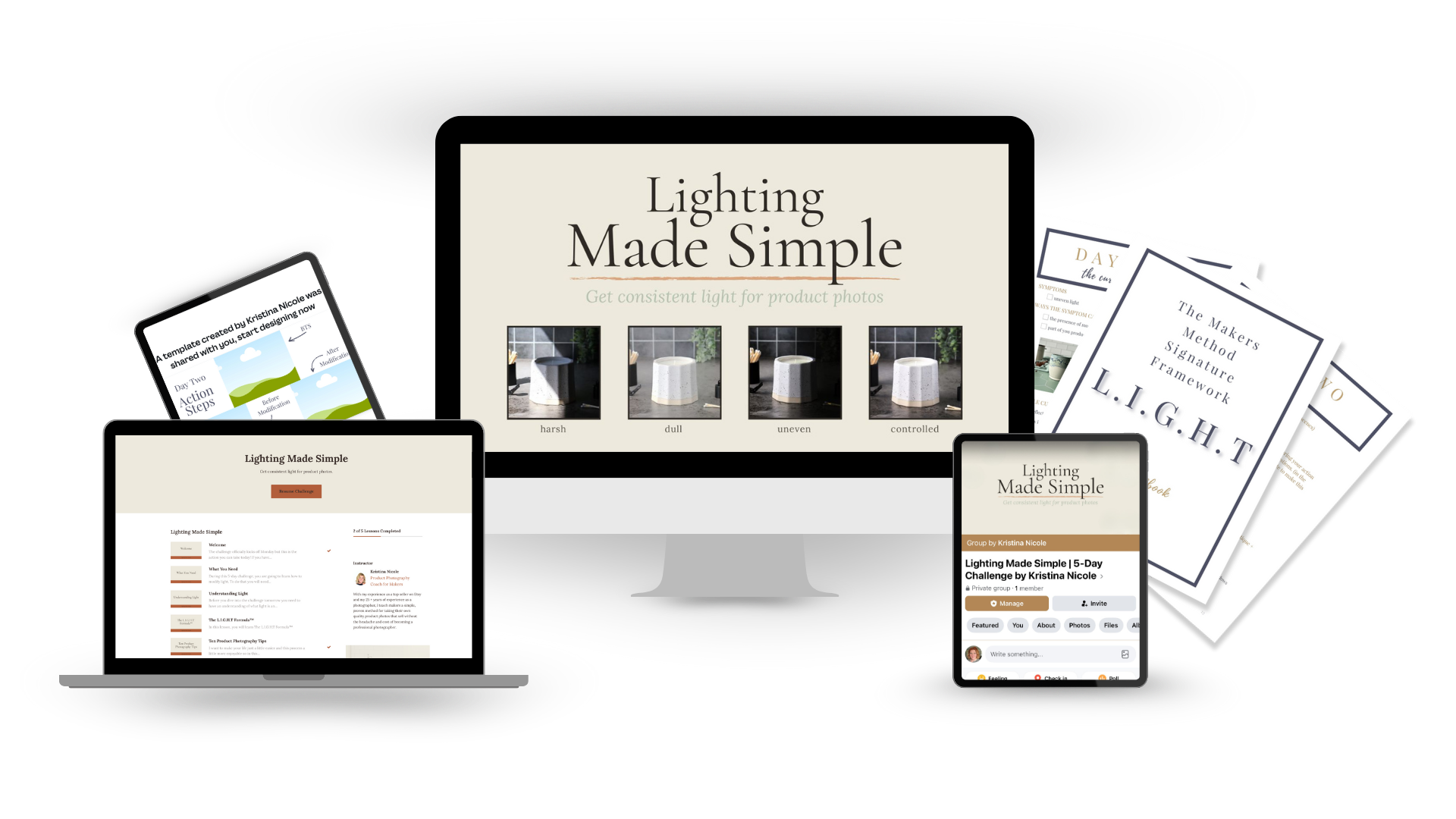 Scroll-Stopping Clicks course mockup showing lessons, templates, and AI prompts that help makers choose the right thumbnail.