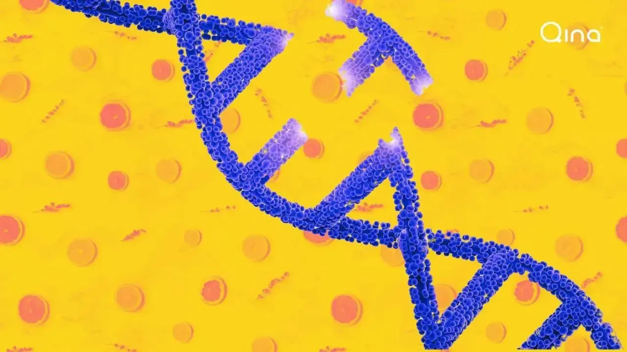 Broken DNA strand against fruit background