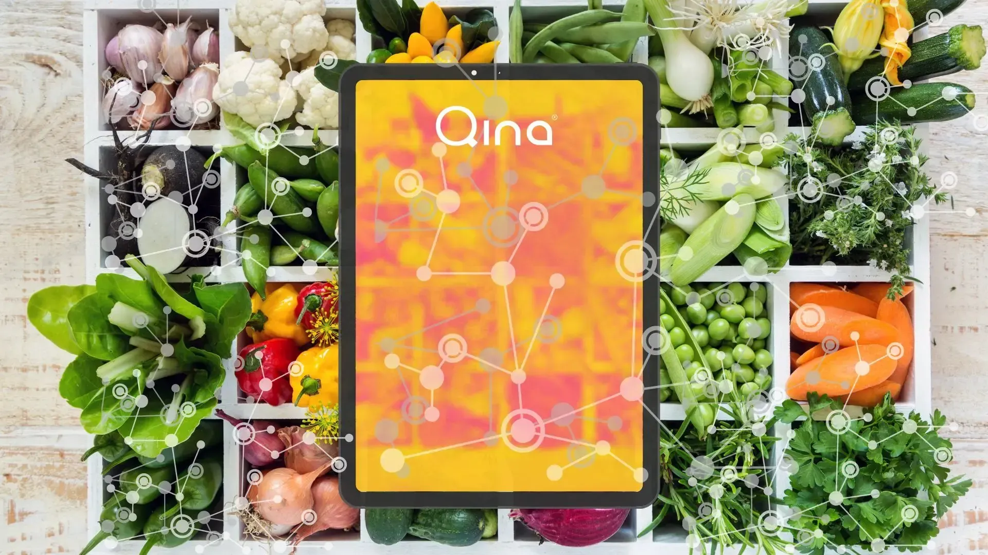 Tablet surrounded by fresh food