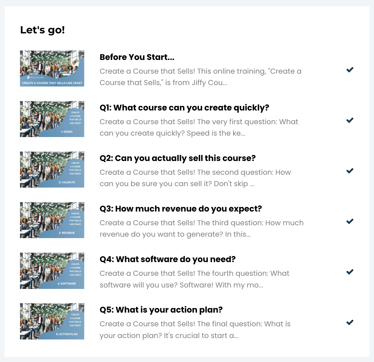 An example of a structured course layout with a clear starting lesson and guided flow, showing how design choices help students feel oriented from the start.