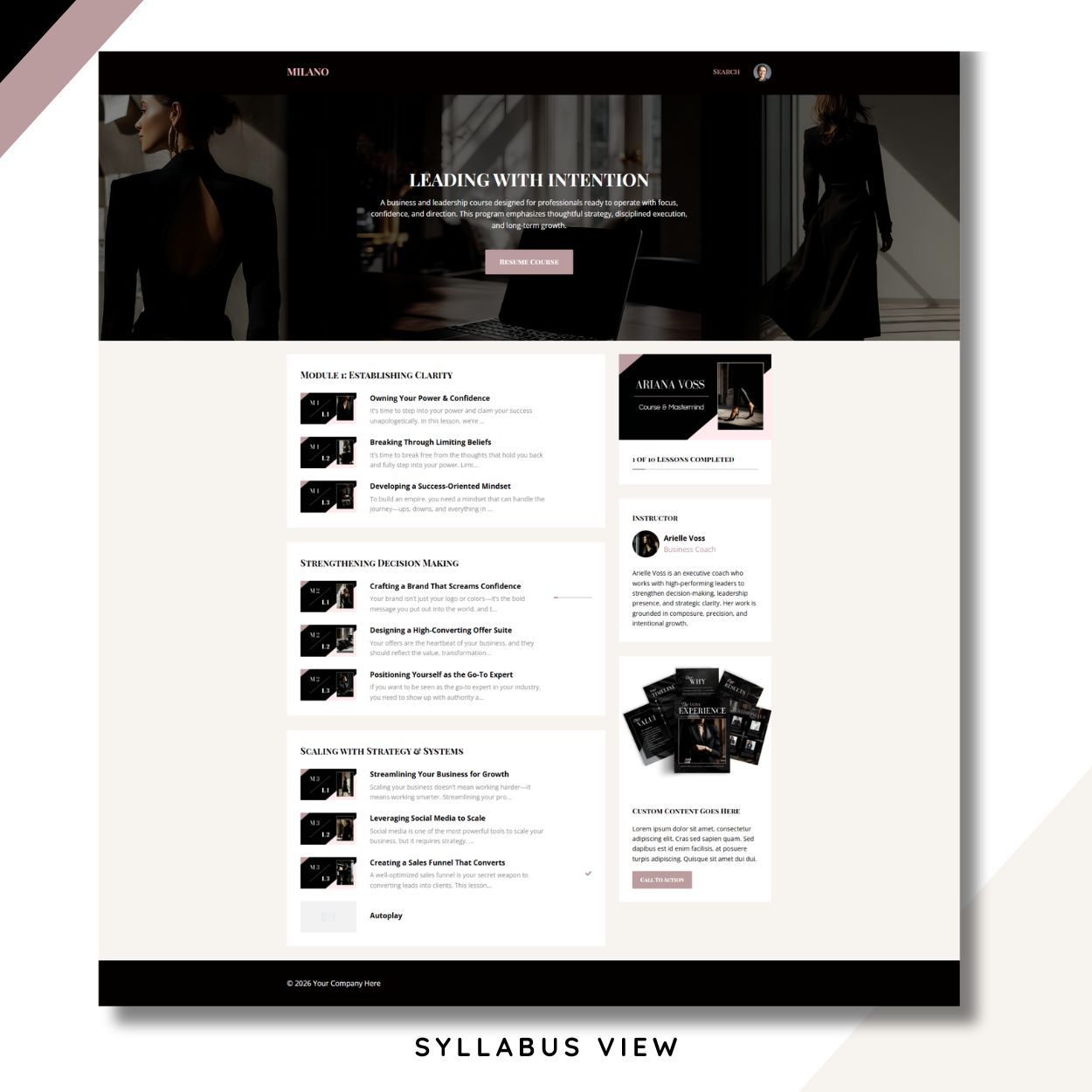 Syllabus view of the Milano Course Kajabi Template