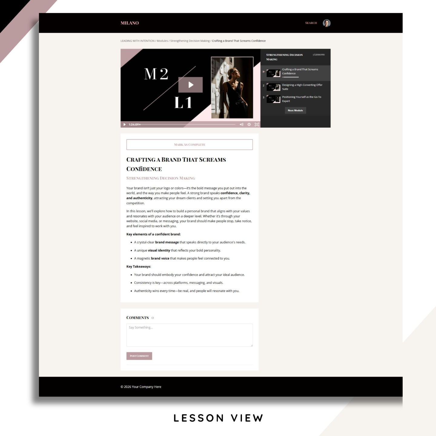 Lesson view of the Milano Kajabi Course Template