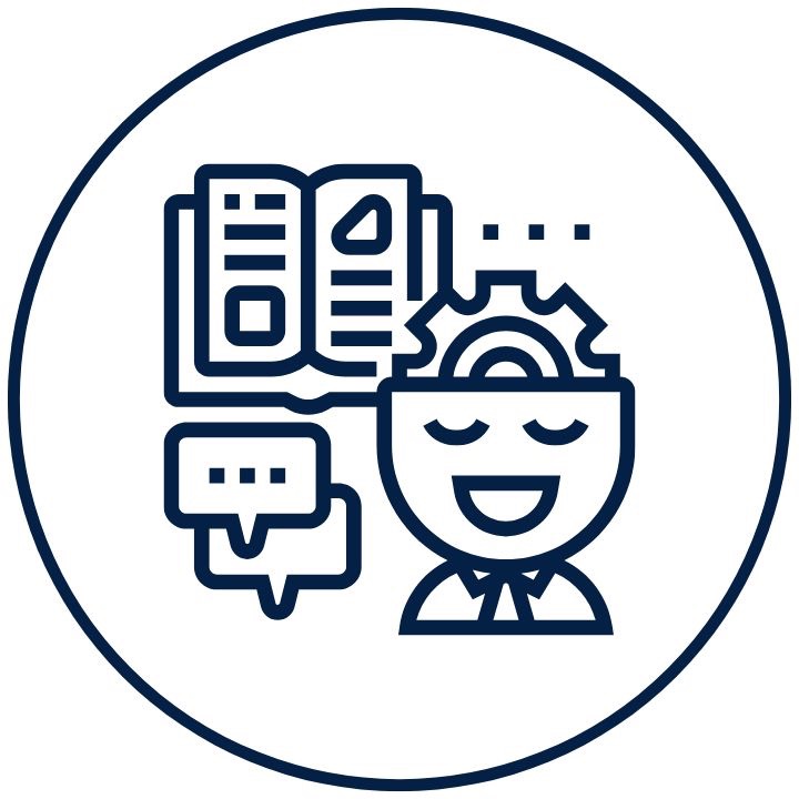 icon depicting a person with their brain as a cogwheel, study material and text balloons